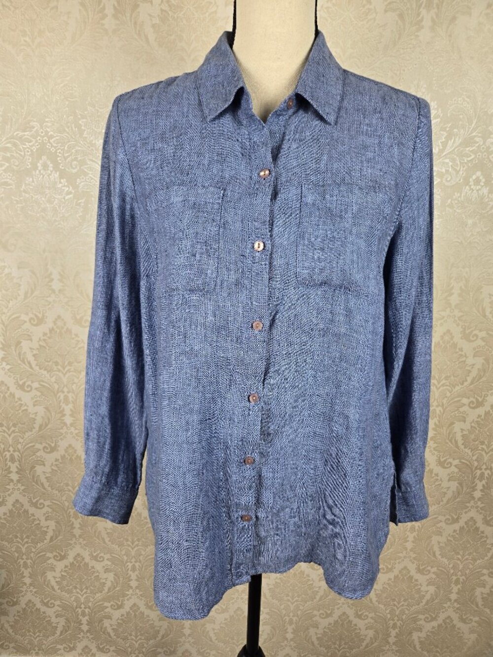 Charter Club Size PM 100% Linen Blue Button Front Shirt Long Sleeve Chest Pocket